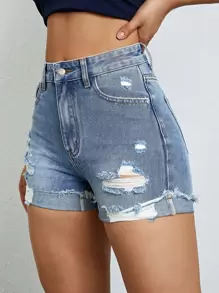 SHEIN EZwear Quần short denim nữ Túi Bị tách Dây kéo màu trơn - Rửa trung bình - Xem 5