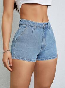 SHEIN EZwear Quần short denim nữ Nút Túi Dây kéo màu trơn - Rửa trung bình - Xem 6