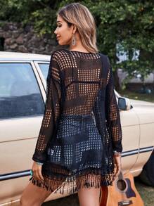SHEIN VCAY 流蘇下擺落肩袖鏤空針織開襟衫 - 黑色 - 查看 2