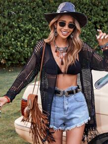 SHEIN VCAY 流蘇下擺落肩袖鏤空針織開襟衫 - 黑色 - 查看 5