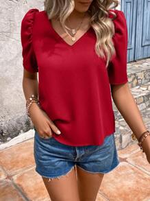 SHEIN Clasi 素色泡泡袖V領襯衫 - 酒紅色 - 查看 5