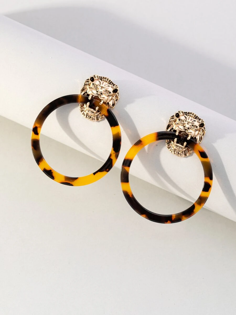 1pair Fashionable Lion Decor Tortoiseshell Print Stud Earrings For Women For Gift - Multicolor - View 1