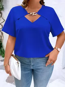 INAWLY Áo sơ mi Plus Size Chuỗi Cắt ra màu trơn Giải trí - Xanh đậm - Xem 1
