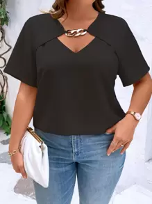 SHEIN Clasi Plus Chain Detail Cut Out Front Blouse