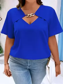 INAWLY Áo sơ mi Plus Size Chuỗi Cắt ra màu trơn Giải trí - Xanh đậm - Xem 3