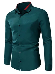 Manfinity Mode Hombres Camisa unicolor con botón - Verde Oscuro - Ver 1