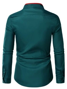 Manfinity Mode Hombres Camisa unicolor con botón - Verde Oscuro - Ver 2