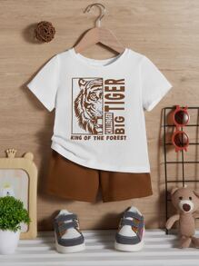 SHEIN Baby Boy Tiger & Slogan Graphic Tee & Shorts - Coffee Brown - View 1