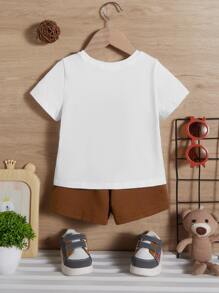SHEIN Baby Boy Tiger & Slogan Graphic Tee & Shorts - Coffee Brown - View 2