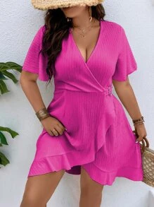 SHEIN Holidaya Vestido bajo cruzado de manga mariposa ribete con fruncido - Rosa Fucsia - Ver 1