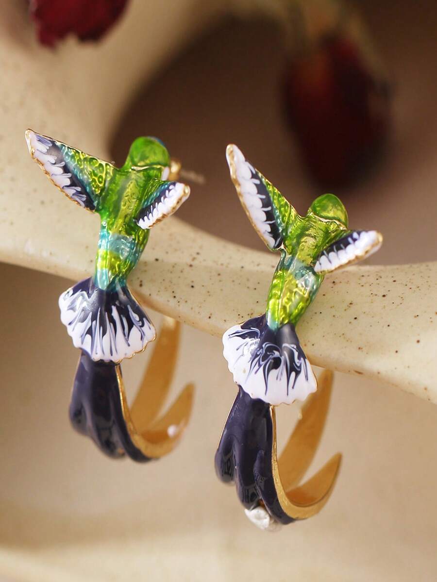 Bông tai Hoop trang trí hình chim - Nhiều màu - Xem 1