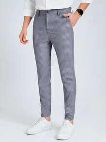 Manfinity Mode 男士條紋印花斜口袋西裝褲 - 灰色 - 查看 1