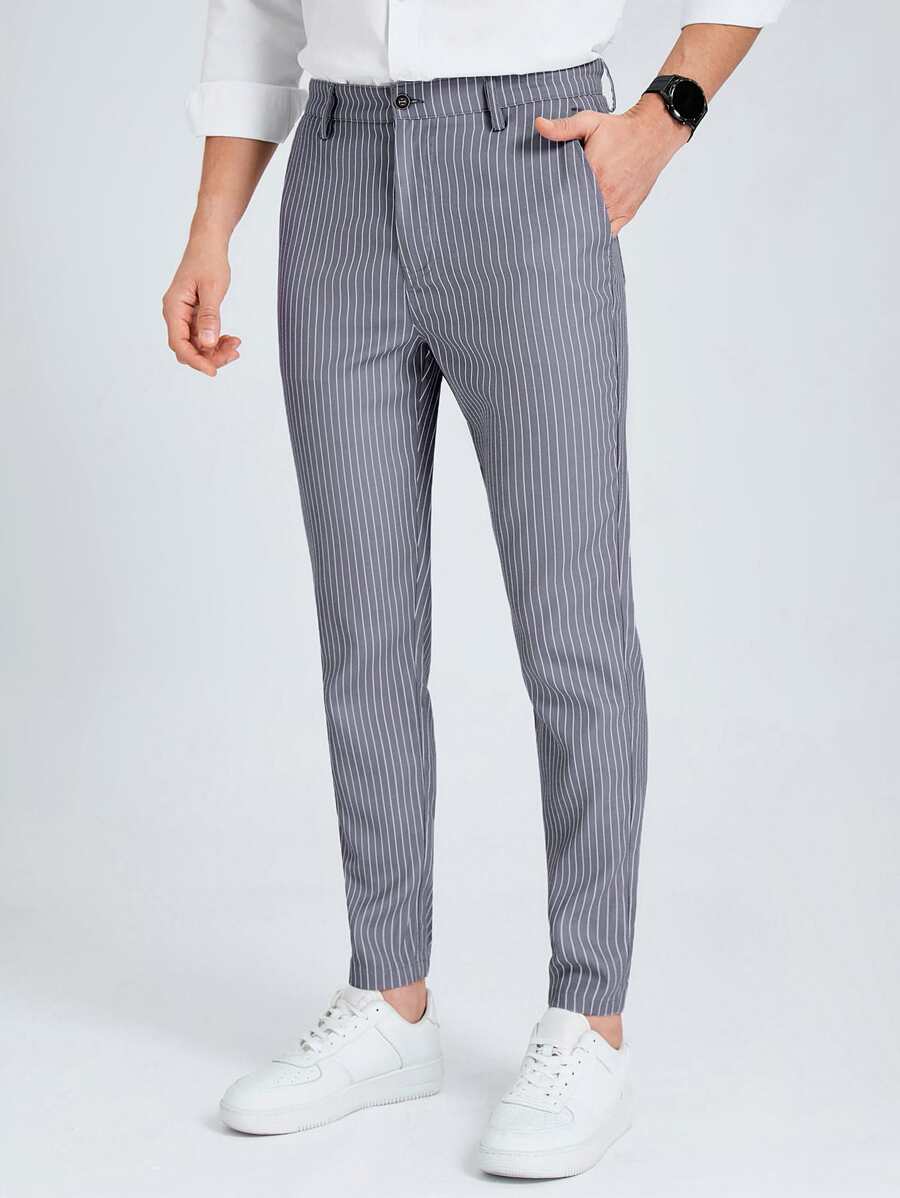Manfinity Mode 男士條紋印花斜口袋西裝褲 - 灰色 - 查看 1