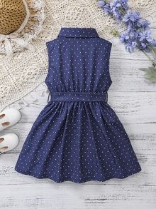 SHEIN 小女童波點圖案蕾絲花邊腰帶襯衫連衣裙 - 藏蓝色 - 查看 2