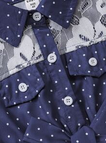 SHEIN 小女童波點圖案蕾絲花邊腰帶襯衫連衣裙 - 藏蓝色 - 查看 5