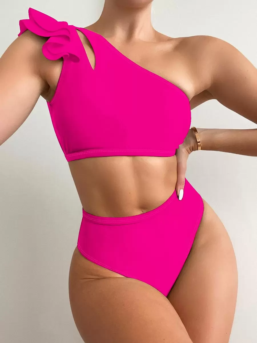 SHEIN Swim Summer Beach Tiered Ruffle Trim Cut-Out Bikini - Hot Pink - View 1