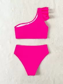 SHEIN Swim Summer Beach Tiered Ruffle Trim Cut-Out Bikini - Hot Pink - View 2