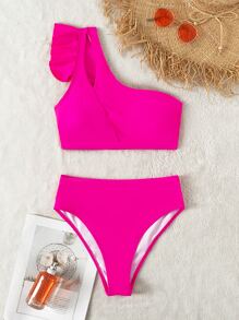 SHEIN Swim Summer Beach Tiered Ruffle Trim Cut-Out Bikini - Hot Pink - View 3
