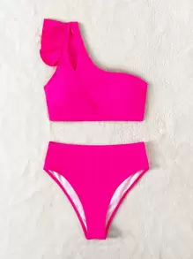 SHEIN Swim Summer Beach Tiered Ruffle Trim Cut-Out Bikini - Hot Pink - View 4