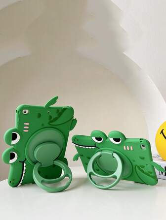 Green 1PC Lovely Dinosaur Design Silicone Tablet Case With 360 Rotating Stand, Shockproof, Full Edge Protection, Compatible With IPad (Without Pen) Kawaii