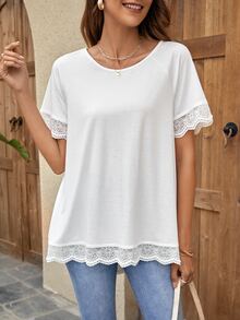 SHEIN LUNE Áo thun nữ Tương phản ren Sò điệp màu trơn Giải trí - trắng - Xem 4