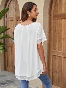 SHEIN LUNE Áo thun nữ Tương phản ren Sò điệp màu trơn Giải trí - trắng - Xem 3
