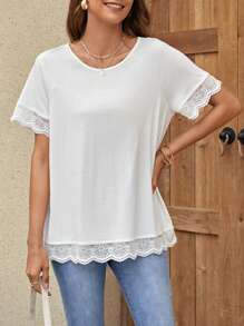 SHEIN LUNE Áo thun nữ Tương phản ren Sò điệp màu trơn Giải trí - trắng - Xem 1