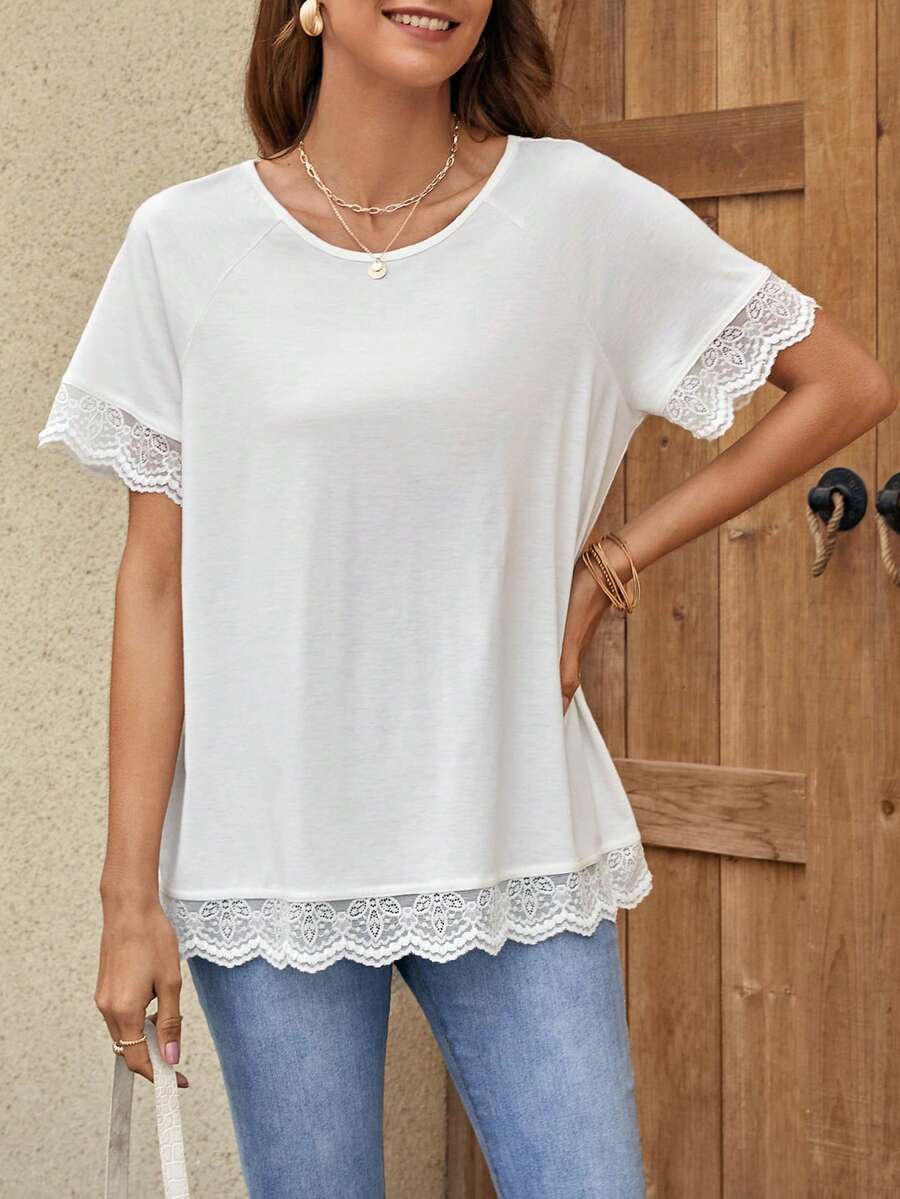 SHEIN LUNE Áo thun nữ Tương phản ren Sò điệp màu trơn Giải trí - trắng - Xem 1