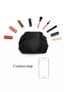 1pc Portable Polyester Makeup Storage Bag, Daily Black Drawstring Design Make Up Organizer Storage Bag For Outdoor Travel,Boho Vibes,For Holiday Beach, Bathroom Collection, Bedroom Collection, Large Capacity,Makeup Bag,Travel Essential - Black - View 5