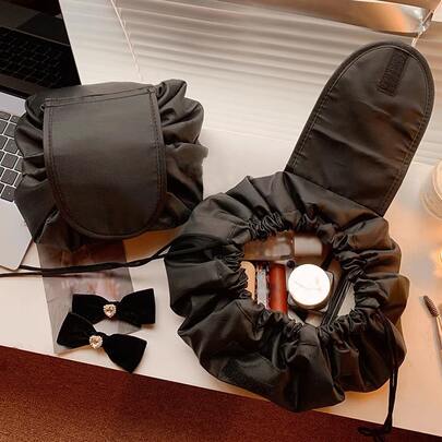 1 件便携式涤纶化妆收纳袋，日常黑色抽绳设计化妆收纳袋，适合户外旅行，波西米亚风，适合假日海滩、浴室收纳、卧室收纳，大容量