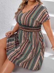 SHEIN VCAY Váy tay cánh dơi họa tiết sọc và hình học Boho cỡ lớn, dành cho mùa hè - Nhiều màu - Xem 1