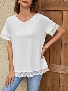 SHEIN LUNE Áo thun nữ Tương phản ren Sò điệp màu trơn Giải trí - trắng - Xem 6