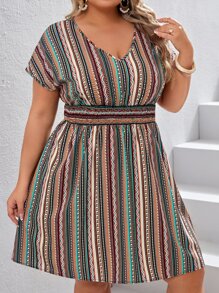 SHEIN VCAY Váy tay cánh dơi họa tiết sọc và hình học Boho cỡ lớn, dành cho mùa hè - Nhiều màu - Xem 2