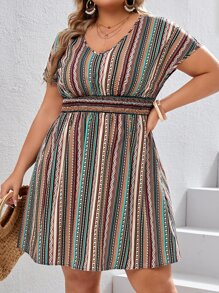 SHEIN VCAY Váy tay cánh dơi họa tiết sọc và hình học Boho cỡ lớn, dành cho mùa hè - Nhiều màu - Xem 3