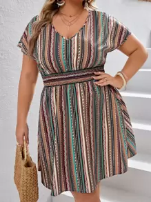 SHEIN VCAY Váy tay cánh dơi họa tiết sọc và hình học Boho cỡ lớn, dành cho mùa hè - Nhiều màu - Xem 5