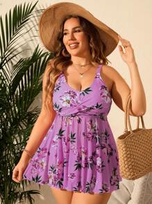 Swim Lushoire Plus Size Floral Print Swim Dress Summer Beach - Purple - View 1
