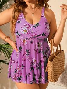 Swim Lushoire Plus Size Floral Print Swim Dress Summer Beach - Purple - View 4