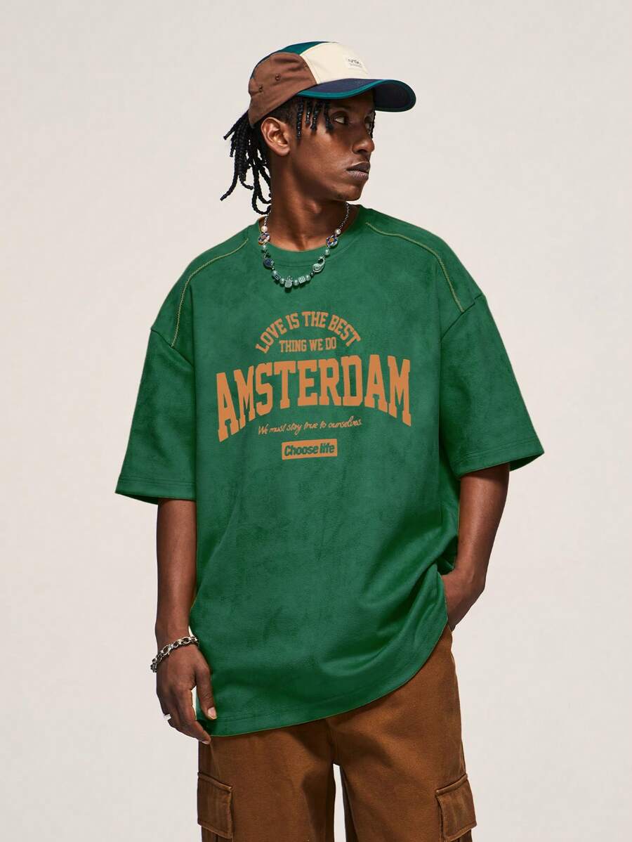 INFLATION Men Slogan Graphic Drop Shoulder Tee - Green - View 1