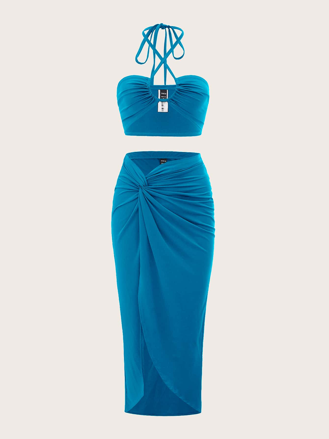 SHEIN ICON Conjunto Preto De Duas Peças Com Top Halter Amarrado