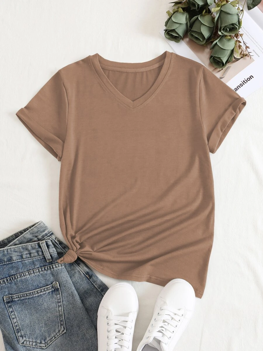SHEIN LUNE Áo thun nữ màu trơn Giải trí - màu nâu - Xem 1