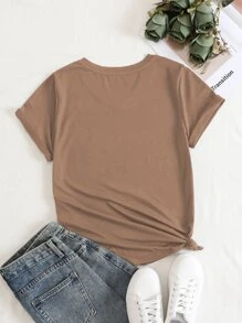 SHEIN LUNE Áo thun nữ màu trơn Giải trí - màu nâu - Xem 2