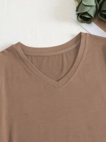 SHEIN LUNE Áo thun nữ màu trơn Giải trí - màu nâu - Xem 5