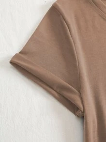 SHEIN LUNE Áo thun nữ màu trơn Giải trí - màu nâu - Xem 6