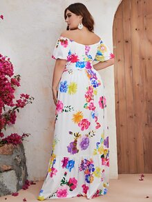 YISIKADO Plus Floral Print Off Shoulder Ruffle Hem Belted Dress - Multicolor - View 3