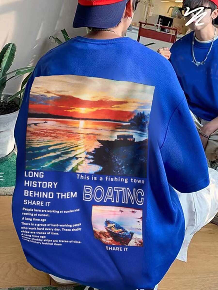 Manfinity EMRG 男士標語圖案T恤 - 寶藍色 - 查看 1