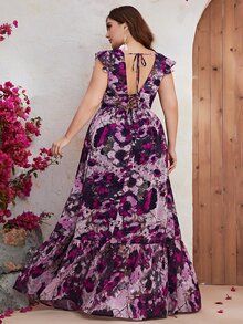 YISIKADO Vestido con estampado floral bajo con fruncido - Morado - Ver 2