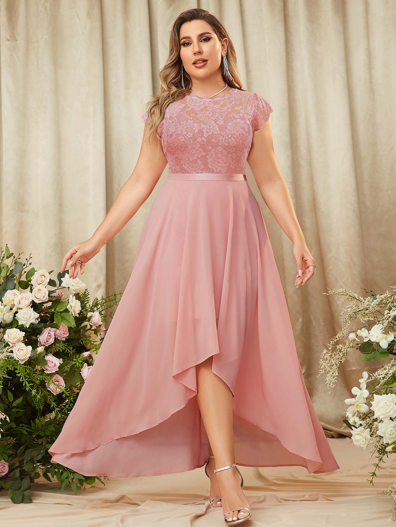 MIUSOL Plus Contrast Lace High Low Hem Chiffon Formal Dress - Baby Pink - View 1