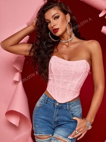 Apperloth A Top con corsé de malla con lentejuelas en estilo Y2K, con pliegues, con boning, borde curvado, cordones y espalda descubierta, efecto modelador, top corto, ropa sexy para el Día de San Valentín y festivales de música