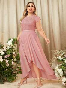 MIUSOL Plus Contrast Lace High Low Hem Chiffon Formal Dress - Baby Pink - View 4