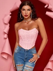 Apperloth A Y2K闪亮亮片网纱荷叶边钢圈弧形下摆系带露背抹胸短款上衣，性感音乐节情人节夏季装扮 - 淺粉色 - 查看 5